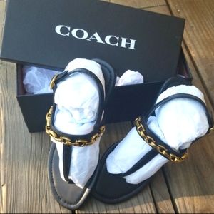 Coach Jenna sandals- signature C chain black leather and brass